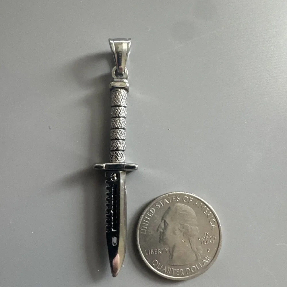 Stainless Steel Silver Plated Dagger Knife Military Pendant 24” Chain Gift Men’s